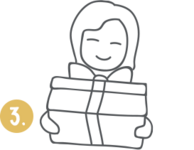 Strichzeichnung einer lächelnden Person, die ein Geschenk hält; sichtbare Zahl „3“