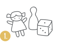 Linienzeichnung: Puppe, Kegel und Würfel in ovalem Feld; unten links goldener Kreis mit "1."
